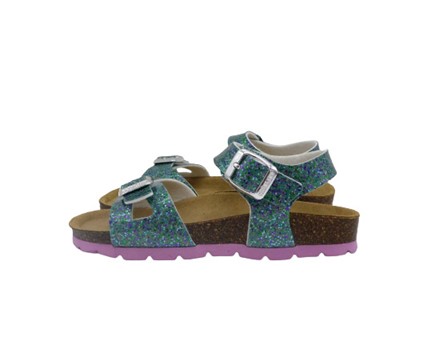 Sandalo bio in vernice con micro glitter e doppie fibbie