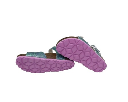 Sandalo bio in vernice con micro glitter e doppie fibbie