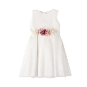 Vestito cerimonia in raso con cintura fiori