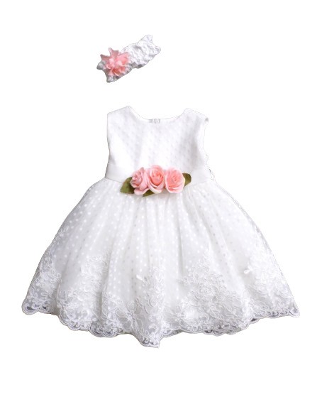 Vestito tulle pois con pizzo con fiori + fascia