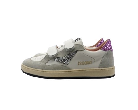 Sneaker in pelle e micro glitter con doppio velcro