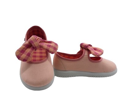 Ballerina in tessuto con cinturino in velcro e fiocco vichy