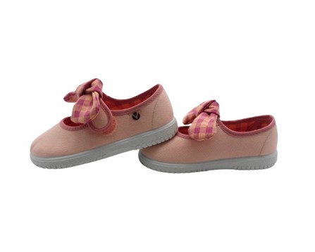 Ballerina in tessuto con cinturino in velcro e fiocco vichy