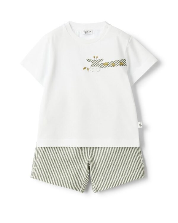 Completo t-shirt con giraffa e short a righe