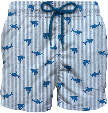 Costume mare media lunghezza a righe con stampa shark