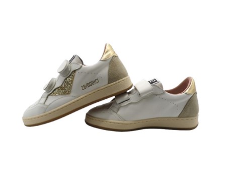 Sneaker in pelle e micro glitter con doppio velcro