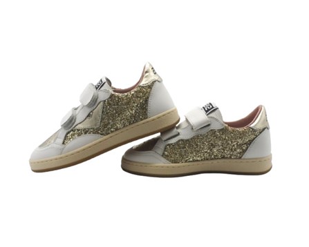 Sneaker in pelle e micro glitter con doppio velcro