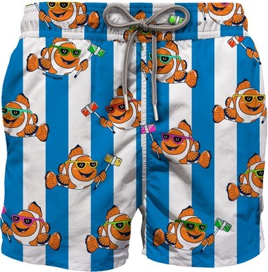 Costume mare media lunghezza a righe con stampa selfish
