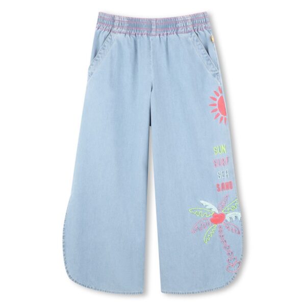 Pantalone denim con ricamo laterale e spacchi
