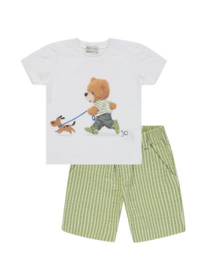 Completo t-shirt con orsetto e bermuda a righe