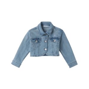 Giubbotto in denim crop con strass fiorellini