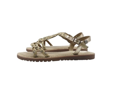 Sandalo in pelle e raffia intrecciata con strass e fibbia