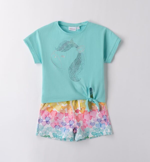 Completo t-shirt con unicorno in strass e short cuoricini