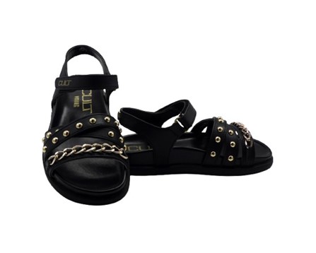 Sandalo in pelle con catena e borchie e velcro
