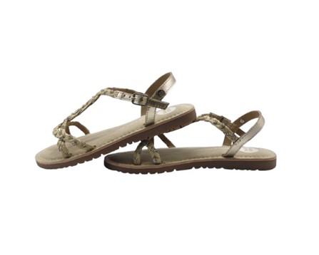 Sandalo in pelle e raffia intrecciata con strass e fibbia