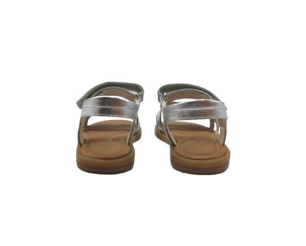 Sandalo in pelle laminata con fiore e velcro
