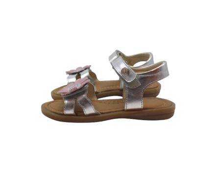 Sandalo in pelle laminata con fiore e velcro