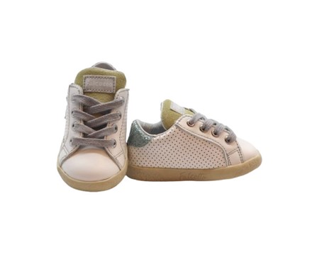 Sneaker primo passo in pelle e micro glitter con lacci e zip