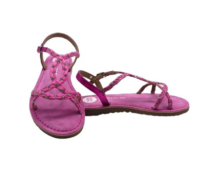 Sandalo in pelle e raffia intrecciata con strass e fibbia