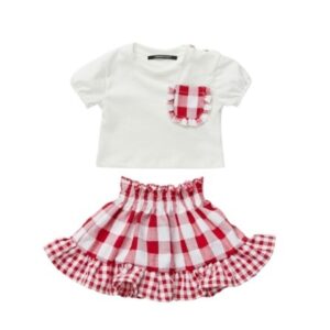 Completo t-shirt mezza manica con taschino e gonna a quadri