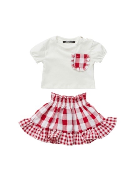 Completo t-shirt mezza manica con taschino e gonna a quadri
