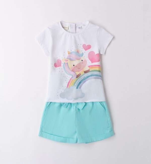Completo t-shirt con stampa unicorno e short