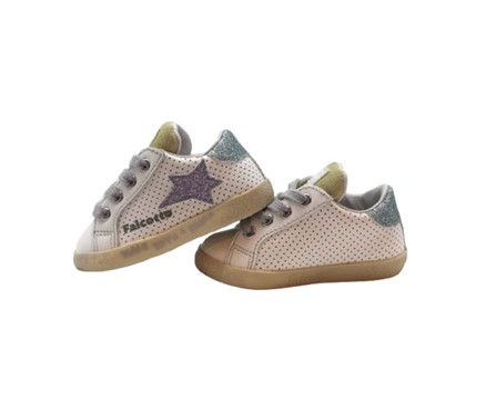 Sneaker primo passo in pelle e micro glitter con lacci e zip