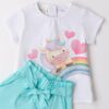 Completo t-shirt con stampa unicorno e short