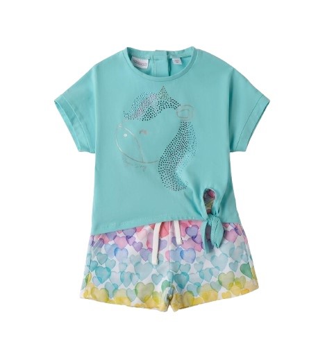 Completo t-shirt con unicorno in strass e short cuoricini