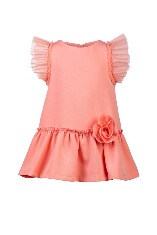 Vestito con maniche ad aletta e balza con applicazione fiore