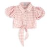 Completo camicia a quadri crop con nodo e short in denim