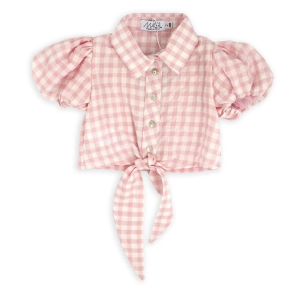 Completo camicia a quadri crop con nodo e short in denim