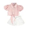 Completo camicia a quadri crop con nodo e short in denim