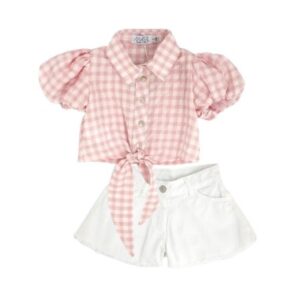 Completo camicia a quadri crop con nodo e short in denim