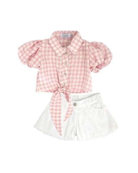 Completo camicia a quadri crop con nodo e short in denim