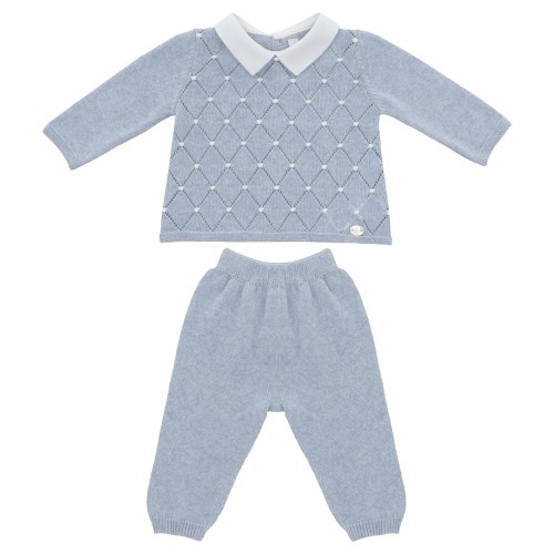 Completo maglia con rombi traforati e pois e pantalone