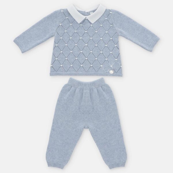 Completo maglia con rombi traforati e pois e pantalone