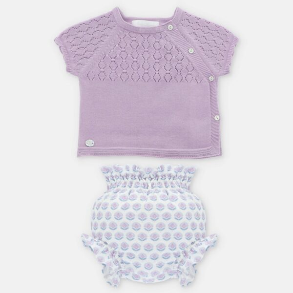 Completo maglia con trafori e coulotte fantasia floreale