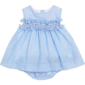 Vestito a righe goffrate con punto smock e ricami