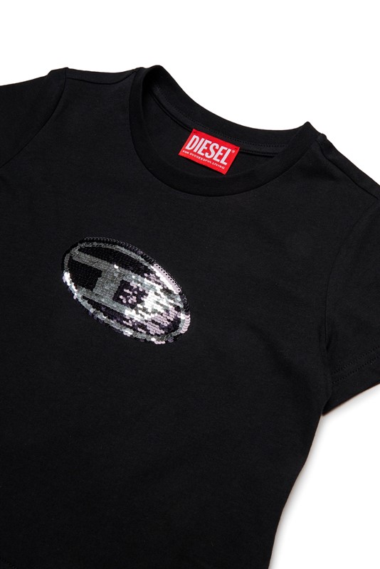 T-shirt in jersey con logo in paillettes