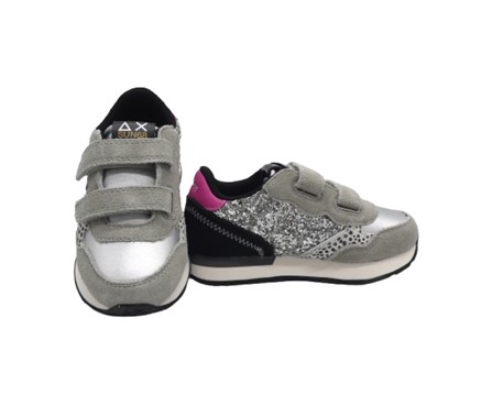 Sneaker bassa in camoscio e glitter con doppio velcro