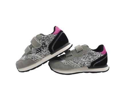 Sneaker bassa in camoscio e glitter con doppio velcro