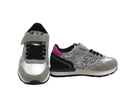 Sneaker bassa in camoscio e glitter con velcro e lacci