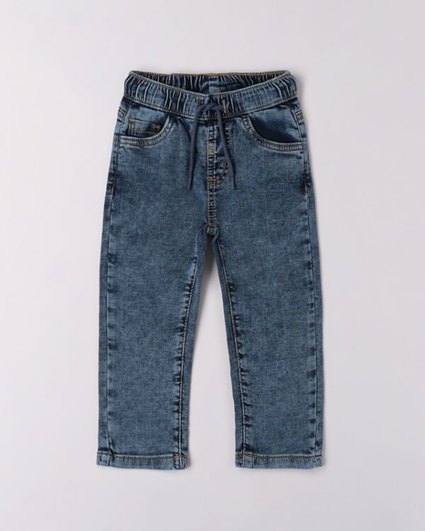 Pantalone denim con vita elasticizzata e coulisse