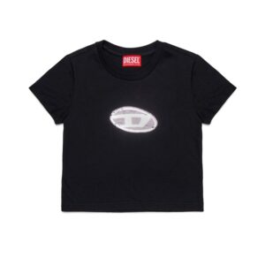 T-shirt in jersey con logo in paillettes