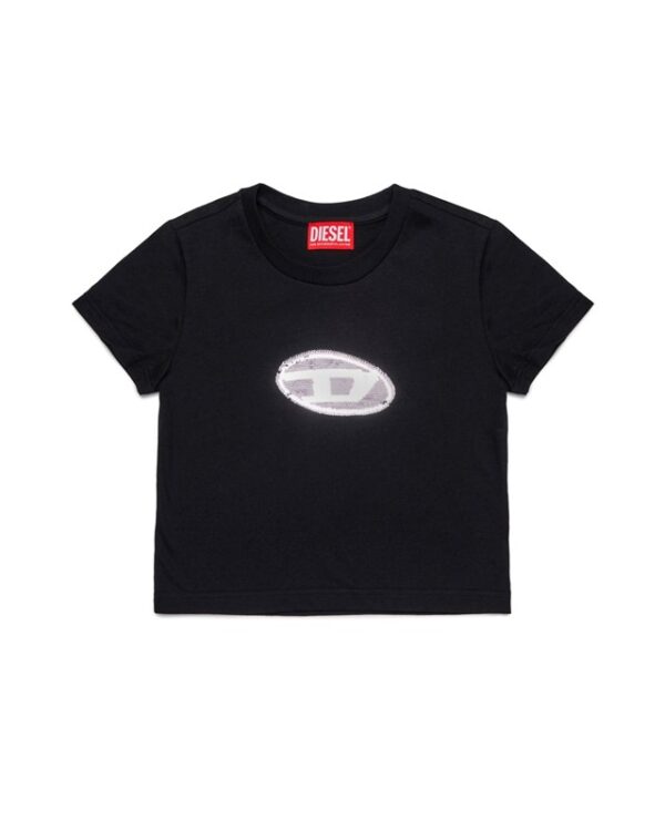 T-shirt in jersey con logo in paillettes