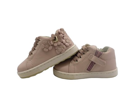 Sneaker primo passo in pelle con fiorellini lacci e zip