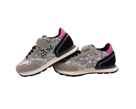 Sneaker bassa in camoscio e glitter con velcro e lacci