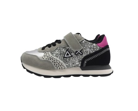 Sneaker bassa in camoscio e glitter con velcro e lacci