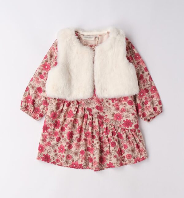 Vestito fantasia floreale con gilet in eco pelliccia